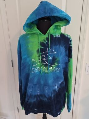 Anvil Tie-Dye Pizza Man Hoodie in Blue & Green